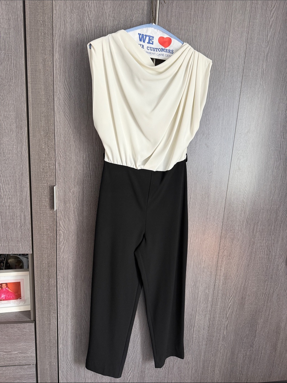 Sleeveless Ivory and Black Draped Jumpsuit